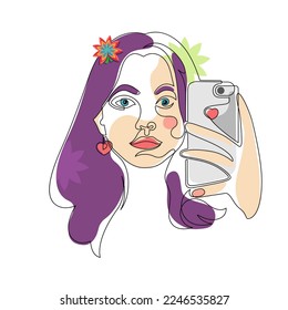 Portrait of a girl with a smartphone, takes a selfie. Abstract outline drawing by one line. Color vector illustration.