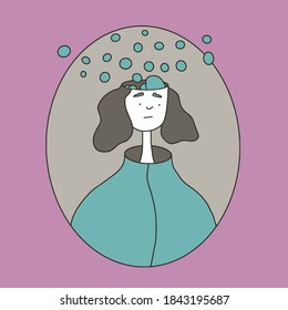 Portrait of girl with some mental issues. Female tenager with  too many thoughts. Sad young woman with complicated ideas. Person with anxiety disorder. Vector  illustration.