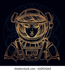 Portrait of a girl in a spacesuit with a gold outline on a black background.