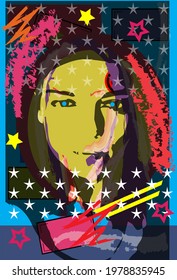 Portrait of a girl with stars. Colorful pop art background, vector illustration 