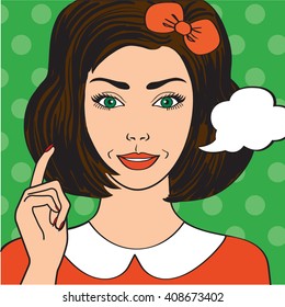 Portrait of girl in style Pop Art:Pin-up girl speech bubble; Brunette with red bow