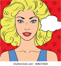 Portrait of girl in style Pop Art:Pin-up girl speech bubble; the blonde says