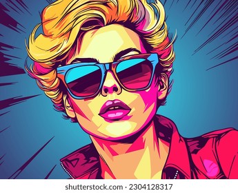 Portrait of a girl in sunglasses in the pop art style