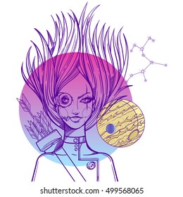 Portrait of the girl symbolizes the zodiac sign Sagittarius.