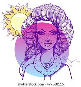 Portrait of the girl symbolizes the zodiac sign Leo.
