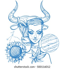 Portrait of the girl symbolizes the zodiac sign Taurus. Outline drawing for coloring.