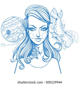 Portrait of the girl symbolizes the zodiac sign Pisces. Outline drawing for coloring.