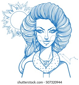 Portrait of the girl symbolizes the zodiac sign Leo. Outline drawing for coloring.