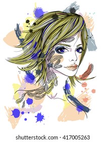 Portrait of a girl with a tattoo. The girl-bird on abstract background. Fashion illustration. Print for T-shirt