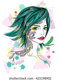 Portrait of a girl with a tattoo. The girl-bird on abstract background. Fashion vector illustration. Print for T-shirt