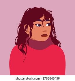 Portrait of a girl in a thick sweater. Colorful vector illustration in flat cartoon style.