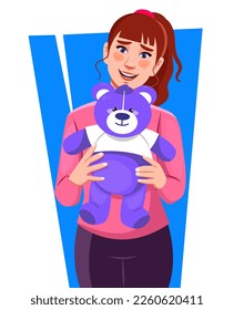 Retrato de chica con oso de peluche juguetón. Niña pequeña sosteniendo un oso de peluche sobre fondo blanco con espacio para copiar. Abrazando oso de peluche, vector, avatar para banner, afiche, tarjeta, pegatina, blogueo y promoción