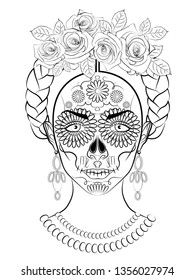 portrait of a girl with traditional Mexican hair and make-up in the form of a skull, which is applied to the feast of the Day of the dead and the Day of angels, in make-up disguised zodiac sign Virgo