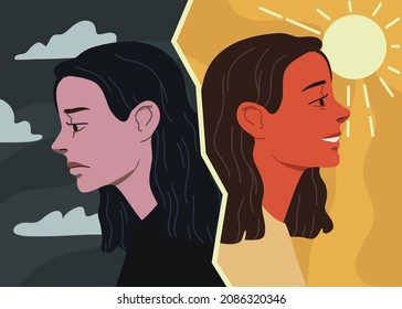 Retrato de una chica con dos estados de ánimo diferentes. Sonrisas y caras tristes. Salud mental, psicología, estado de ánimo, personalidad dividida, concepto de trastorno bipolar. Ilustración vectorial plana. 