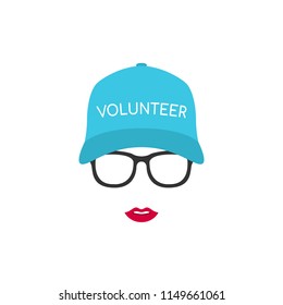 Portrait of a Girl Volunteer in glasses and cap. Minimalist icon. Vector illustration.