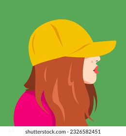portrait of girl wearing baseball cap covering eyes. side view. suitable for avatar, social media profile, print, etc. vector flat graphic.