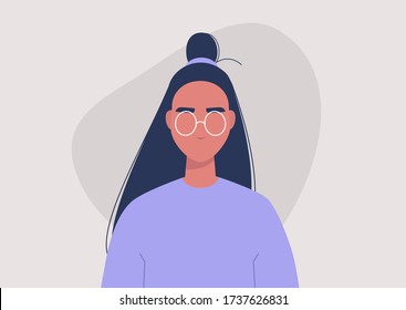 A portrait of a girl wearing a hair knot, upper bun hairstyle