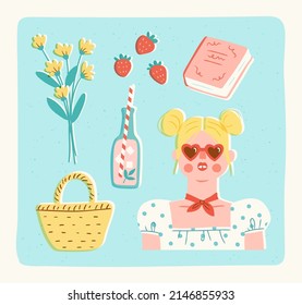 Portrait of a girl wearing heart shaped sunglasses and items for a picnic. Vector illustration of a stylish young woman, straw bag, lemonade and strawberries. Trendy retro style.