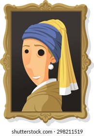 Portrait Of A Girl Wearing A Pearl Earring From Vermeer, Vector Illustration Cartoon. 