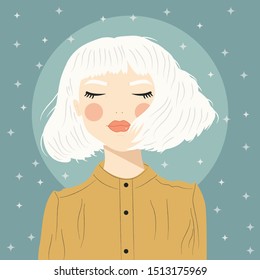 Portrait of a girl with white hair and closed eyes, in yellow blouse, on green background with white stars, flat vector illustration