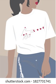
Portrait of a girl in a white t-shirt with a print and red lipstick