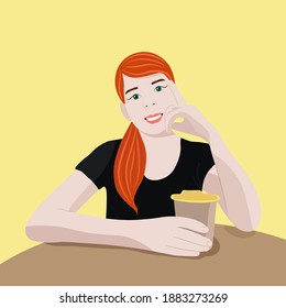 Portrait of a girl who sits at a table with a paper cup of coffee in her hand