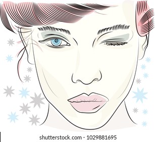 A portrait of a girl winking. vector illustration. Drawn. 