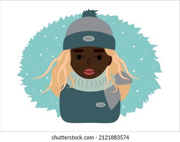 Portrait of a girl in winter clothes for walking and sports in winter in the flat style
