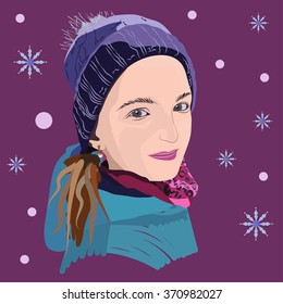 Portrait of a girl in the winter. Vinous background. Vector 10.