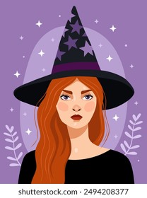 Portrait of a girl in a witch's hat with stars. Witch, sorceress. Young woman character. Halloween party, Samhain. Purple background. Red-haired girl. 