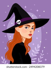 Portrait of a girl in a witch's hat. Witch, sorceress. Young woman character. Halloween party, Samhain. Purple background. Red-haired girl with green eyes. 