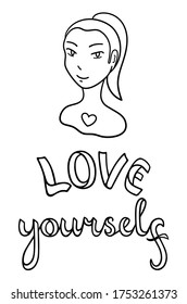 Portrait of girl without ear. Face with injury. Love yourself lettering. Body positive slogan. Outline style isolated vector illustration on white background.