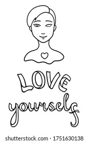 Portrait of girl without eye. Face with injury. Love yourself lettering. Body positive slogan. Outline style isolated vector illustration on white background.