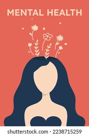 Portrait of a girl without a face with an open head and flowers above her on a red background. Women's psychology. Cover for book, magazine, flyer, poster