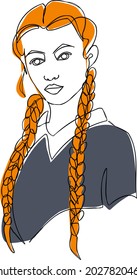 Portrait of a girl witn red hair. Line art vector
