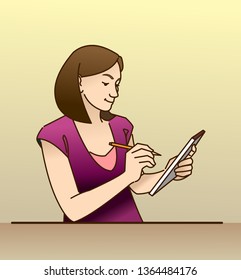 Portrait of a girl writing in notebook. Modern flat vector illustration.