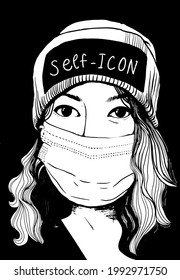 portrait of a girl's face in a hat and mask