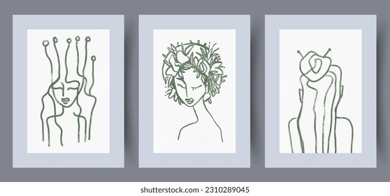 Portrait girls femininity faces wall art print. Collection, bundle. Contemporary decorative background with faces. Wall artwork for interior design. Printable minimal abstract girls poster.