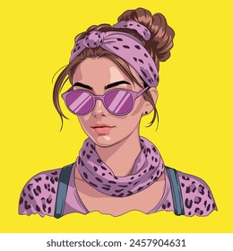 Portrait a girls headband stylish with pink sunglasses on yellow background vector illustration