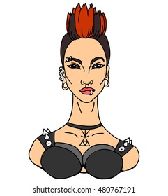 Portrait of Glamour and Stylish Young Punk Woman. Vector illustration.