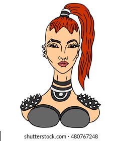 Portrait of Glamour and Stylish Young Punk Woman. Vector illustration.