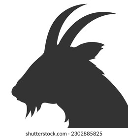 Portrait of a goat head with horns. Farm horned pet. Goat milk. Cartoon vector illustration. Black silhouette