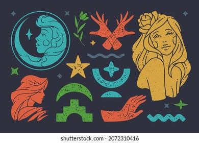 Portrait of goddess moon with star at boho crescent. Bust of beautiful antique woman with flower in hair. Hands crossed in magic gesture with symbol of water. Vector witchcraft symbols and elements