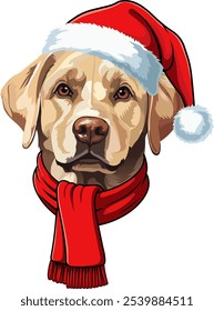 Portrait of a golden labrador in a Santa hat and scarf