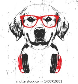 Portrait of Golden Retriever with glasses and headphones. Hand-drawn illustration. T-shirt design. Vector