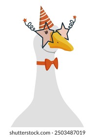 Portrait of a Goose in a festive cap and bow tie. Bird with glasses. Star shaped glasses. Flat vector illustration, eps10