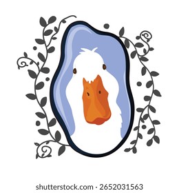 Portrait of a goose in a mirror frame with foliage. Vector illustration.