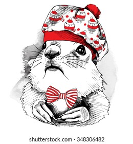 Portrait of a gopher in beret hat with image owls and red tie. Vector illustration.