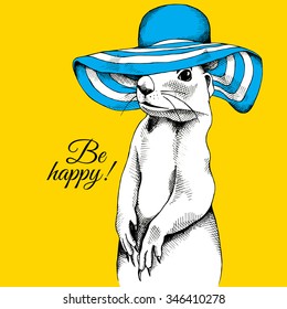 Portrait of a gopher wearing blue summer sun hat on yellow background. Vector illustration.