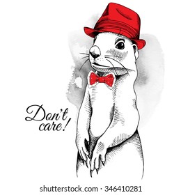 Portrait of a gopher wearing red Elegant hat and tie. Vector illustration.